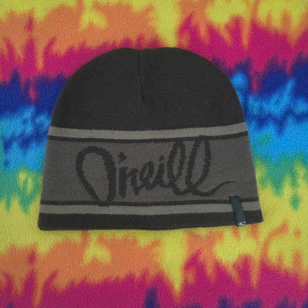 Y2K ONeill Reversible Beanie Hat Mens Brown Grey Striped Knit Skull Cap Logo